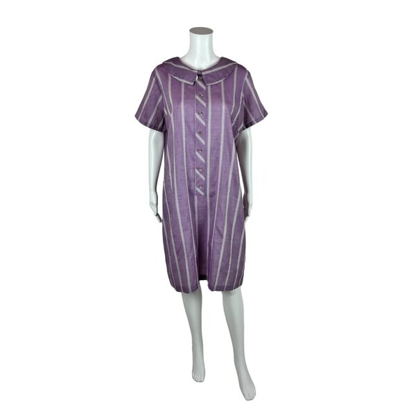 Vintage 60s Striped Dress Women's Extra Large Purple Peter Pan Bow Collar Shift - Picture 1 of 9